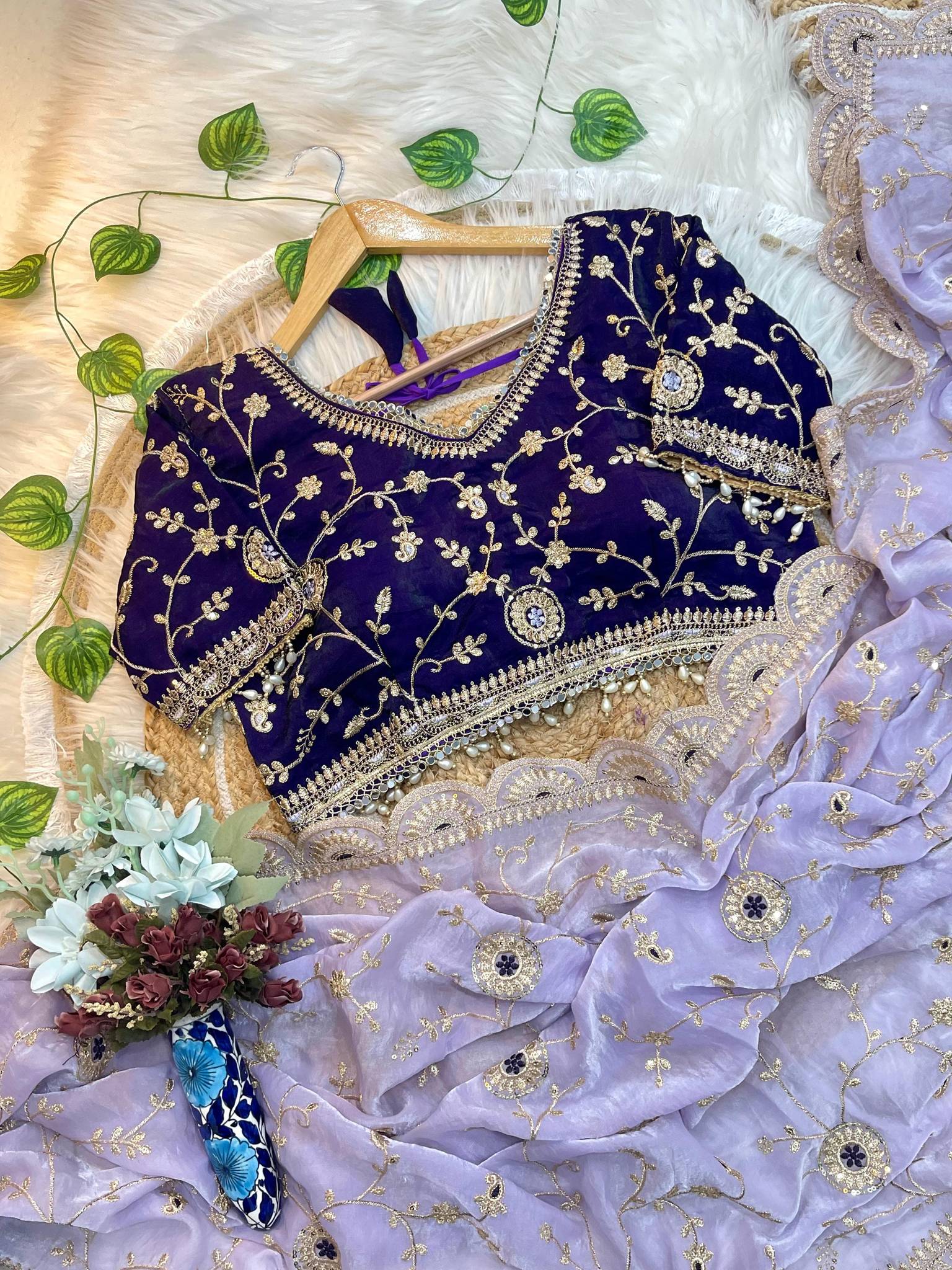 Purple Elegant Fendy Satin Silk Saree with Navy Blue Heavy Embroidered Border & Cutwork Blouse